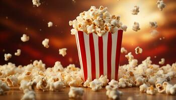 ai generiert Aufpassen ein Film mit Popcorn und ein erfrischend trinken generiert durch ai foto