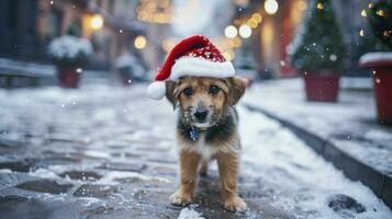 ai generiert charmant Hündchen im ein Weihnachten Hut, flach Tiefe von Feld foto