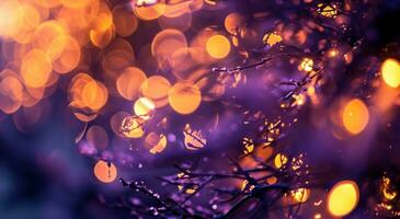 ai generiert Bokeh bewirken Weihnachten Baum Hintergrund verschwommen und leuchtenden Weihnachten Ringe und Beleuchtung foto