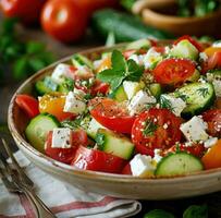 ai generiert griechisch Salat mit Tomaten und Gurken foto