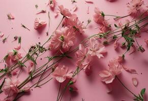 ai generiert Rosa Blumen sind Verlegung über ein Rosa Hintergrund foto