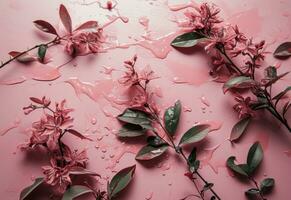 ai generiert Rosa Blumen- Blätter auf ein Rosa Oberfläche foto