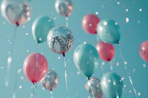 ai generiert Rosa, Blau und Silber Helium Luftballons fallen hinter ein Blau Hintergrund foto