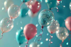 ai generiert Rosa, Blau und Silber Helium Luftballons fallen hinter ein Blau Hintergrund foto