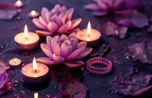 ai generiert fünf Kerze Stand auf ein lila Hintergrund mit Lotus Blume und ein Lotus Ring foto