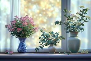 ai generiert Blumen sind im Blau und Weiß Vasen im Vorderseite von ein Fenster foto