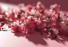 ai generiert Rosa Blumen sind Verlegung über ein Rosa Hintergrund foto