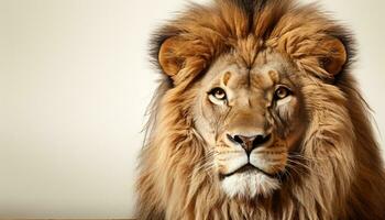 ai generiert majestätisch Löwe, König von das Savanne, starrt in das Kamera generiert durch ai foto