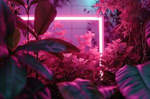 ai generiert das glühend Neon- Rahmen ist umgeben durch Rosa Blätter und tropisch Blumen foto