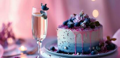 ai generiert diese Bild zeigt an ein elegant Kuchen mit ein Glas von Champagner foto