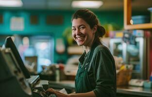 ai generiert Frau im Büro lächelnd und reden auf ein Kasse registrieren foto