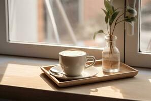 ai generiert Kaffee im ein hölzern Tablett auf das Fenster Schwelle mit ein Hinweis foto