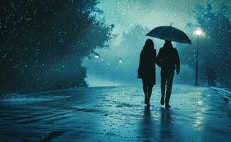 ai generiert Paar Gehen Hand im Hand im regnerisch Tag mit Regenschirm im Regen foto