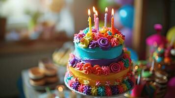ai generiert bunt topsy verkehrt Geburtstag Kuchen mit Kerzen foto