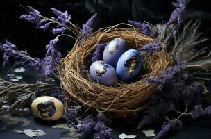 ai generiert Ostern Eier im ein Nest mit Lavendel foto