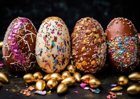 ai generiert Ostern Ei geformt Schokolade Brot mit Sträusel foto