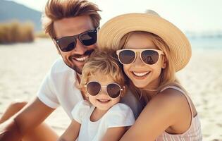 ai generiert Familie im das Sonne hat Spaß auf das Strand foto