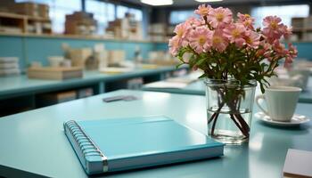 ai generiert modern Büro Schreibtisch mit Buch, Blume, und Kaffee auf Regal generiert durch ai foto