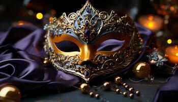 ai generiert glänzend Gold Maske, Eleganz und Tradition im Karneval gras Feier generiert durch ai foto