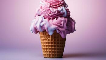 ai generiert Spaß Sommer- behandeln Rosa Eis Sahne Kegel mit Erdbeere wirbelt generiert durch ai foto