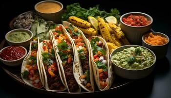 ai generiert Frische und würzen im ein Mexikaner Taco mit Guacamole und Rindfleisch generiert durch ai foto