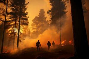 ai generiert vier Feuerwehrleute gehen durch ein Wald mit Flammen foto