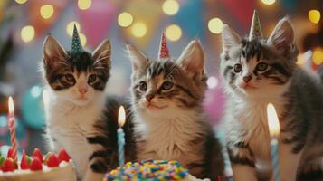 ai generiert süß glücklich Katzen mit ein Geburtstag Kuchen feiern beim ein Geburtstag Party foto