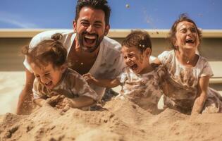 ai generiert Familie im das Sonne hat Spaß auf das Strand foto