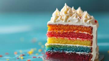ai generiert köstlich Regenbogen Kuchen mit ausgepeitscht Sahne Belag foto