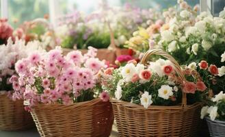 ai generiert mehrere Korbweide Körbe gefüllt mit Blumen beim Ein weiterer Blume Geschäft foto