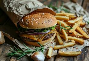 ai generiert Hamburger und Fritten mit Zwiebel und Knoblauch foto