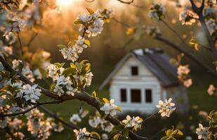 ai generiert Haus Haus Design auf das blühen Baum auf Frühling foto