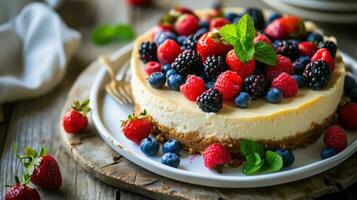 ai generiert hausgemacht Käsekuchen mit frisch Beeren und Minze zum Dessert foto