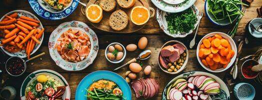 ai generiert viele Platten von Ostern Eier, Möhren, Schinken foto