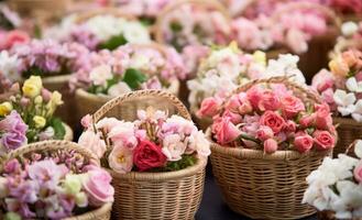 ai generiert mehrere Korbweide Körbe gefüllt mit Blumen beim Ein weiterer Blume Geschäft foto