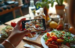 ai generiert Menschen nehmen ein Foto auf ihr Clever Telefon von ein Teller von Essen