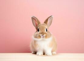 ai generiert bezaubernd bräunen und Weiß Hase auf Rosa Hintergrund Hase foto