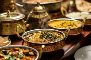 ai generiert mehrere Geschirr von indisch Küche im Kupfer Schalen auf hölzern foto