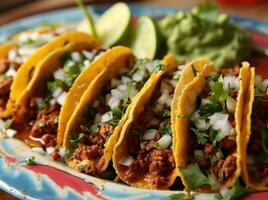ai generiert sechs Tacos gekrönt mit Soße auf ein Teller foto