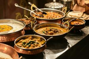 ai generiert mehrere Geschirr von indisch Küche im Kupfer Schalen auf hölzern foto