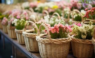 ai generiert mehrere Korbweide Körbe gefüllt mit Blumen beim Ein weiterer Blume Geschäft foto