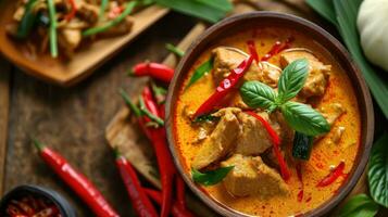 ai generiert Thailand Tradition rot Curry mit Rind, Schweinefleisch oder Hähnchen Speisekarte im thailändisch foto