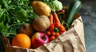ai generiert das Früchte und Gemüse im das braun Papier Tasche foto