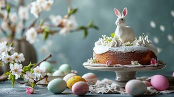 ai generiert Stand mit Ostern Kuchen, gemalt Eier und Hase foto