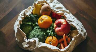 ai generiert Weiß Papier Tasche mit Früchte und Gemüse foto
