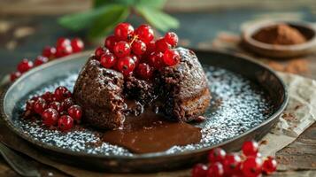 ai generiert warm Schokolade Lava Kuchen mit beißen genommen aus von geschmolzen Center foto