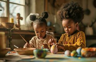 ai generiert zwei Kinder sind Gemälde Ostern mit wenig Ostern Hase Thema foto