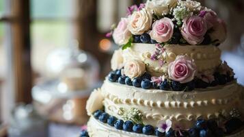 ai generiert Weiß Hochzeit Kuchen mit Blumen und Blaubeeren foto