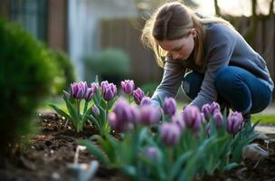 ai generiert jung Frau Jäten Frühling Tulpen im ihr Garten foto