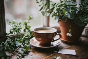 ai generiert ein Kaffee Tasse und Hinweis auf das Fenster Schwelle foto